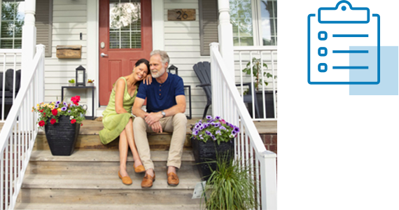 An older couple enjoy each other's company as they sit on the stoop of their quaint house; nearby is line art of a checklist